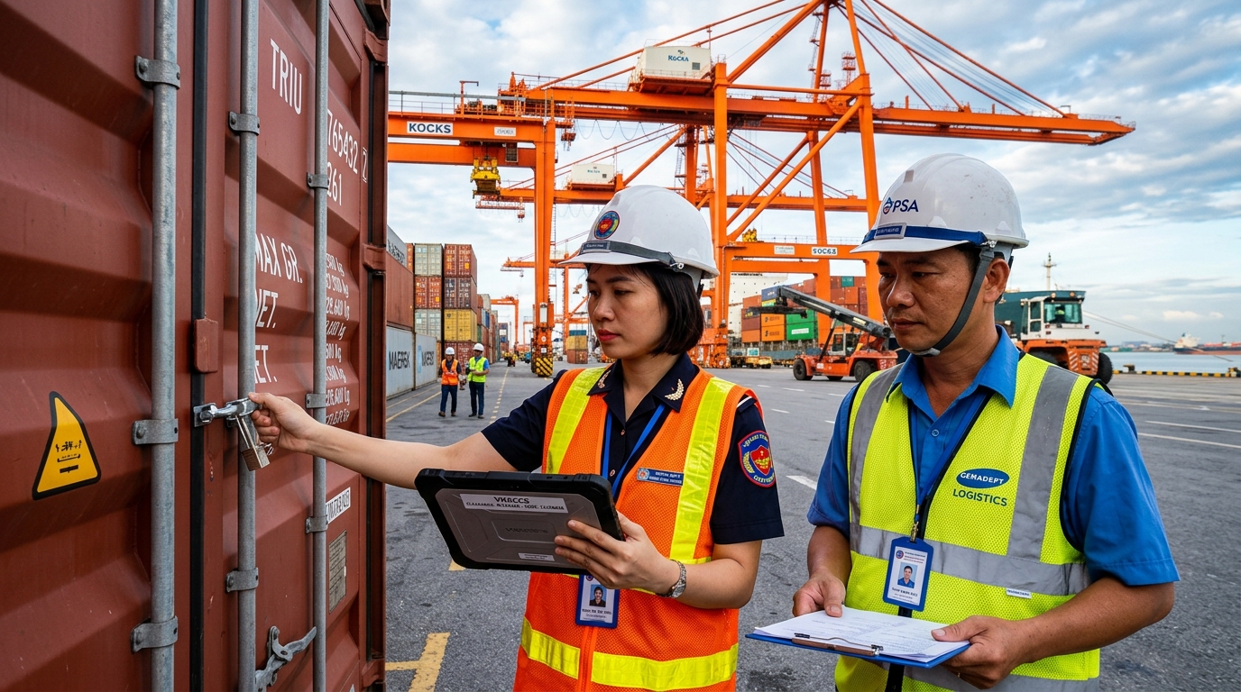 Licensed customs specialists verifying container bolt seals and digital VNACCS declarations